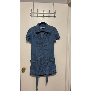 Celebrity Pink Denim Romper Medium Wash Blue Short Sleeve Belted Jean Romper